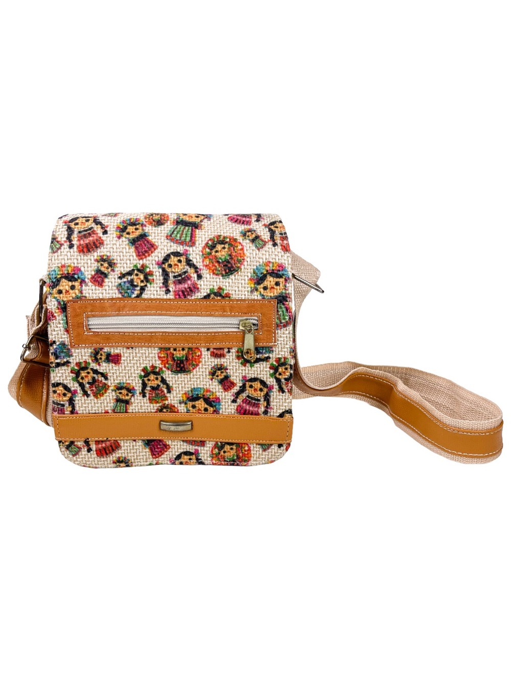 Crossbody Bag Mexican Artisanal Faux Leather Jute Fabric Lele Doll Pattern